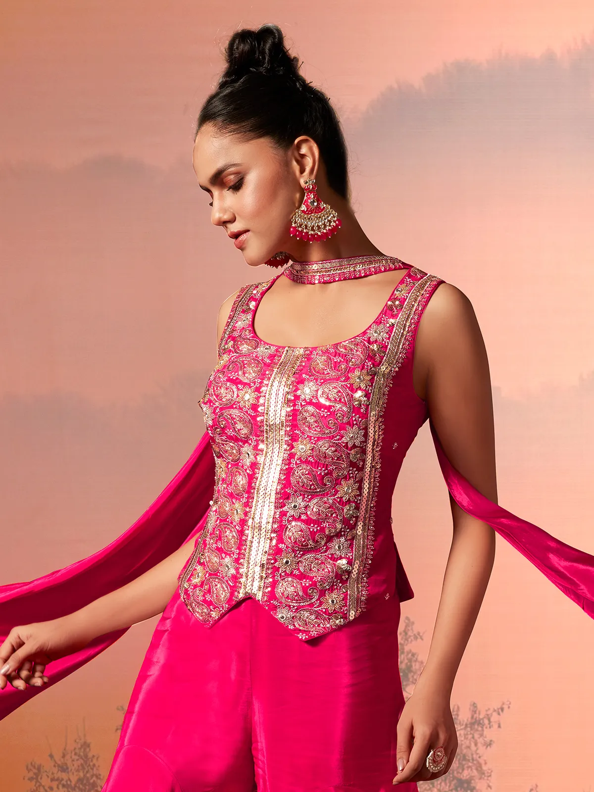 Magenta satin crepe silk embellished palazzo suit