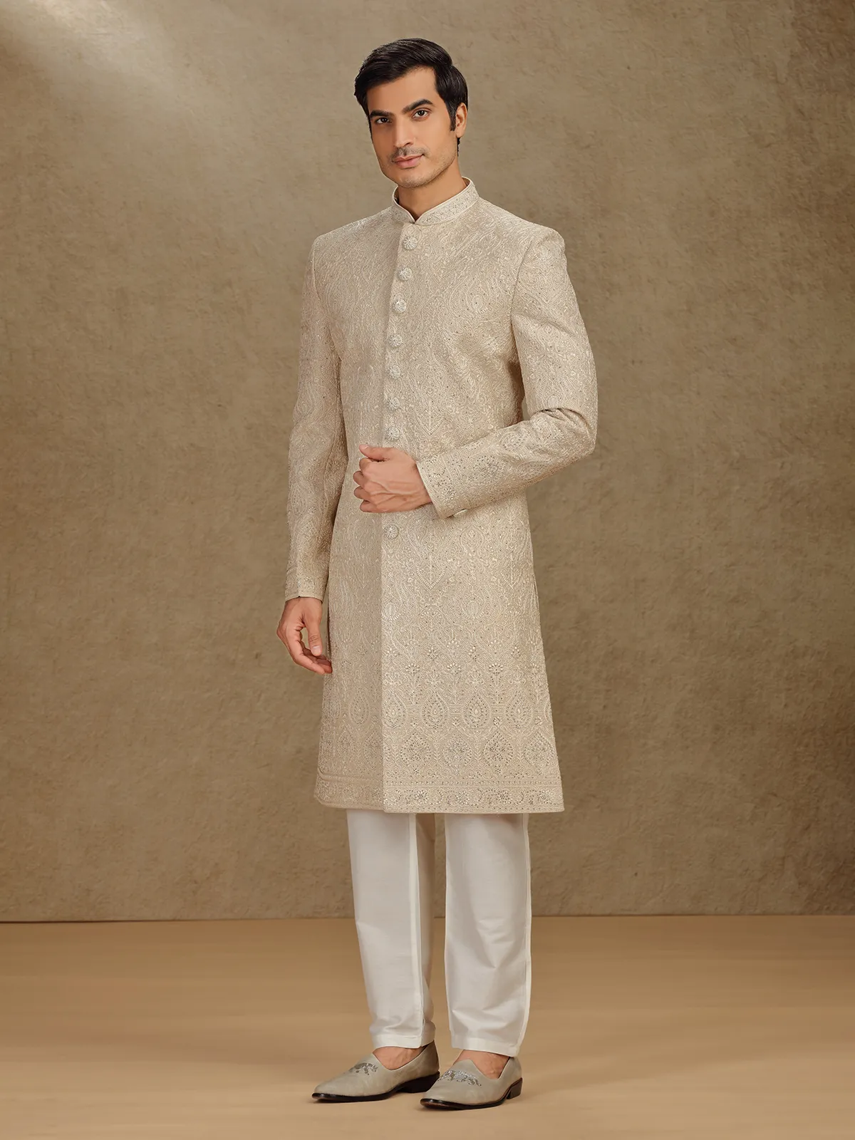 Majestic gold silk sherwani with diamond detailing