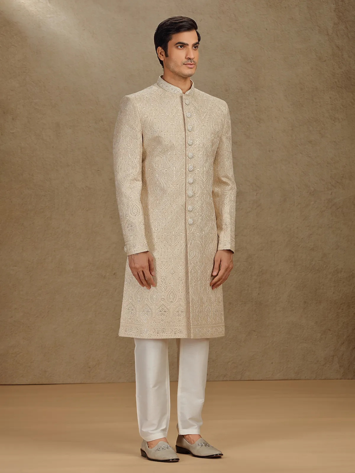 Majestic gold silk sherwani with diamond detailing