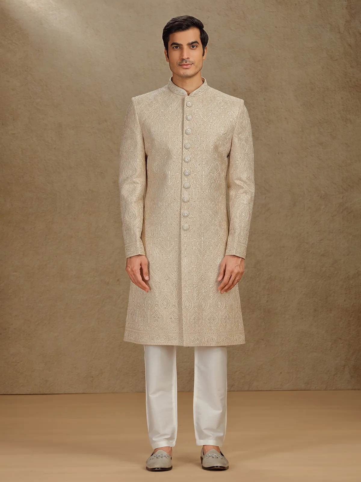 Majestic gold silk sherwani with diamond detailing