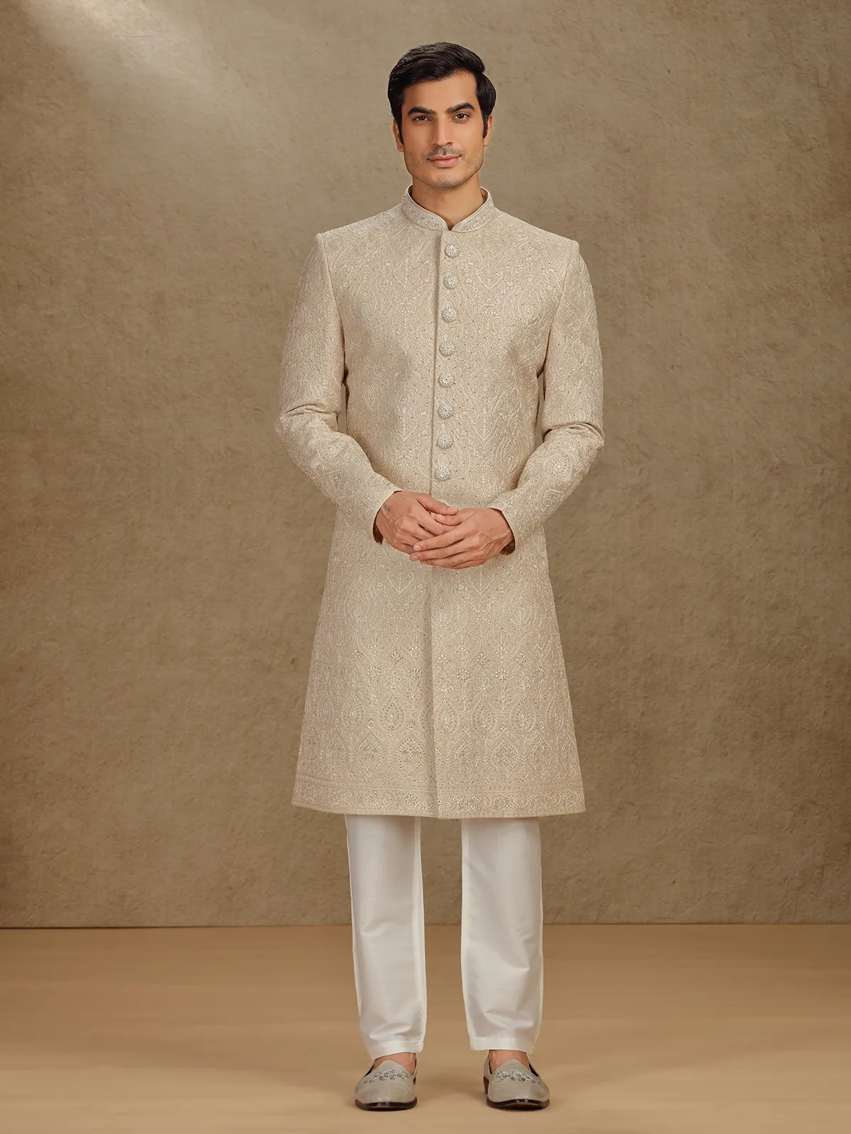 Majestic gold silk sherwani with diamond detailing