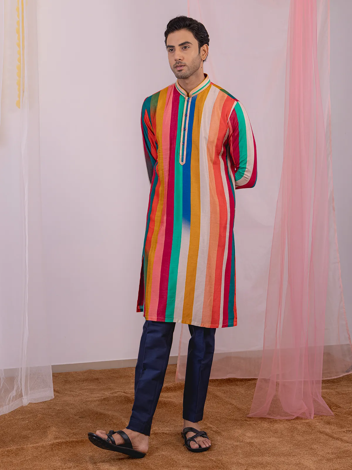 Multicolor printed silk kurta suit for men