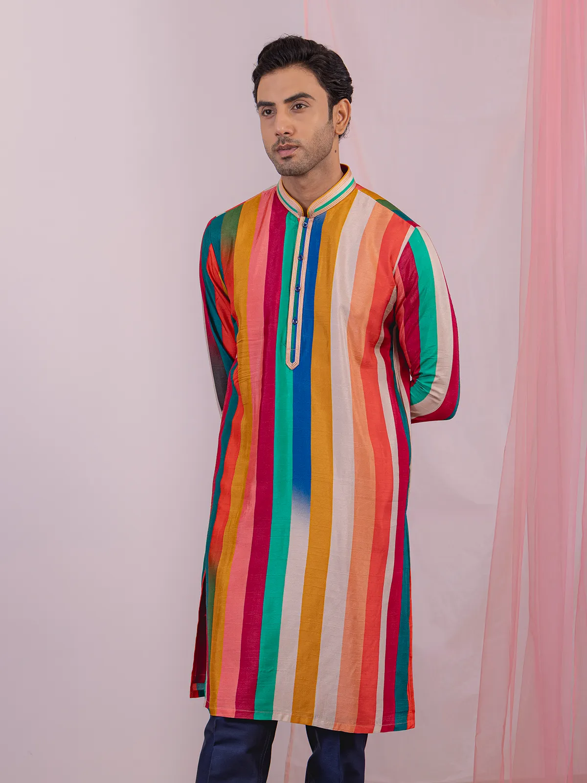 Multicolor printed silk kurta suit for men
