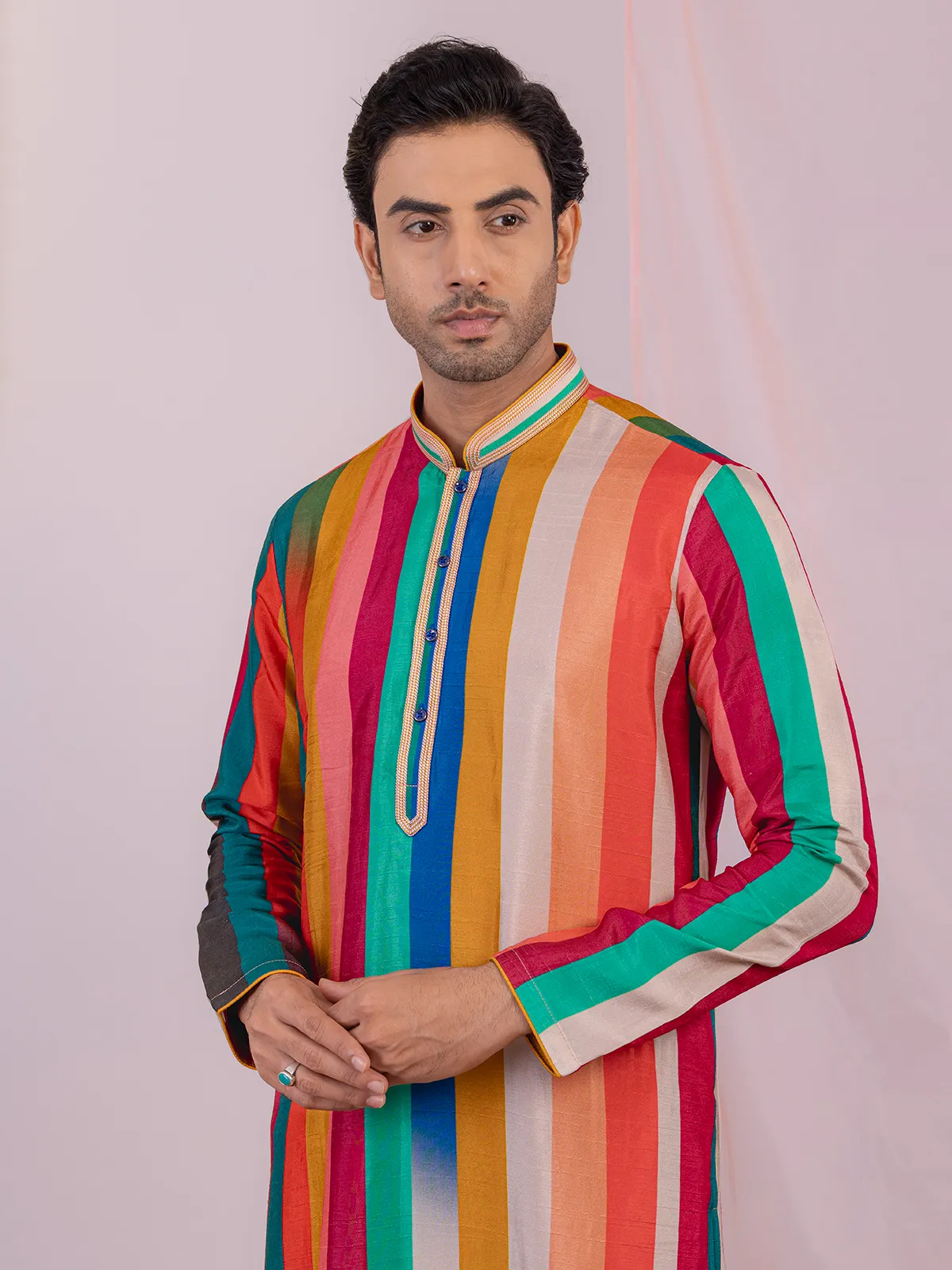 Multicolor printed silk kurta suit for men