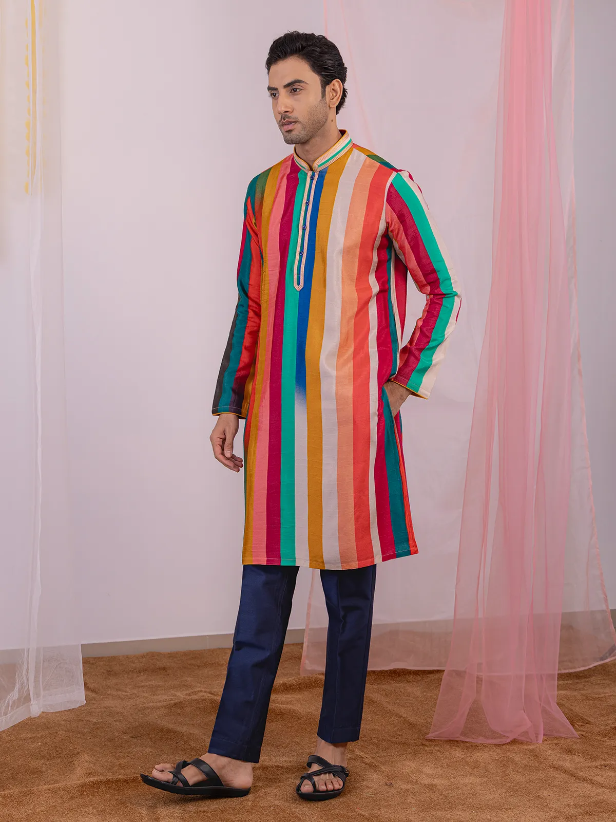 Multicolor printed silk kurta suit for men