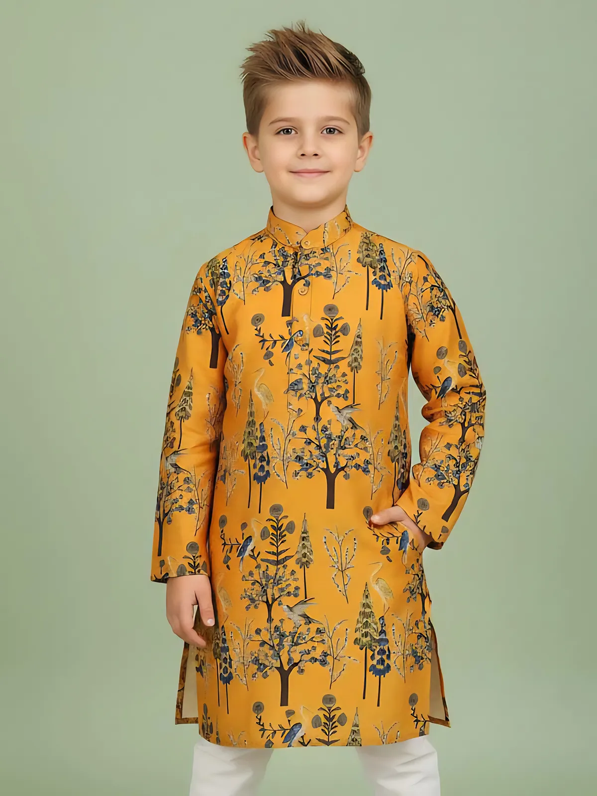 Mustard yellow cotton kurta suit with ptint