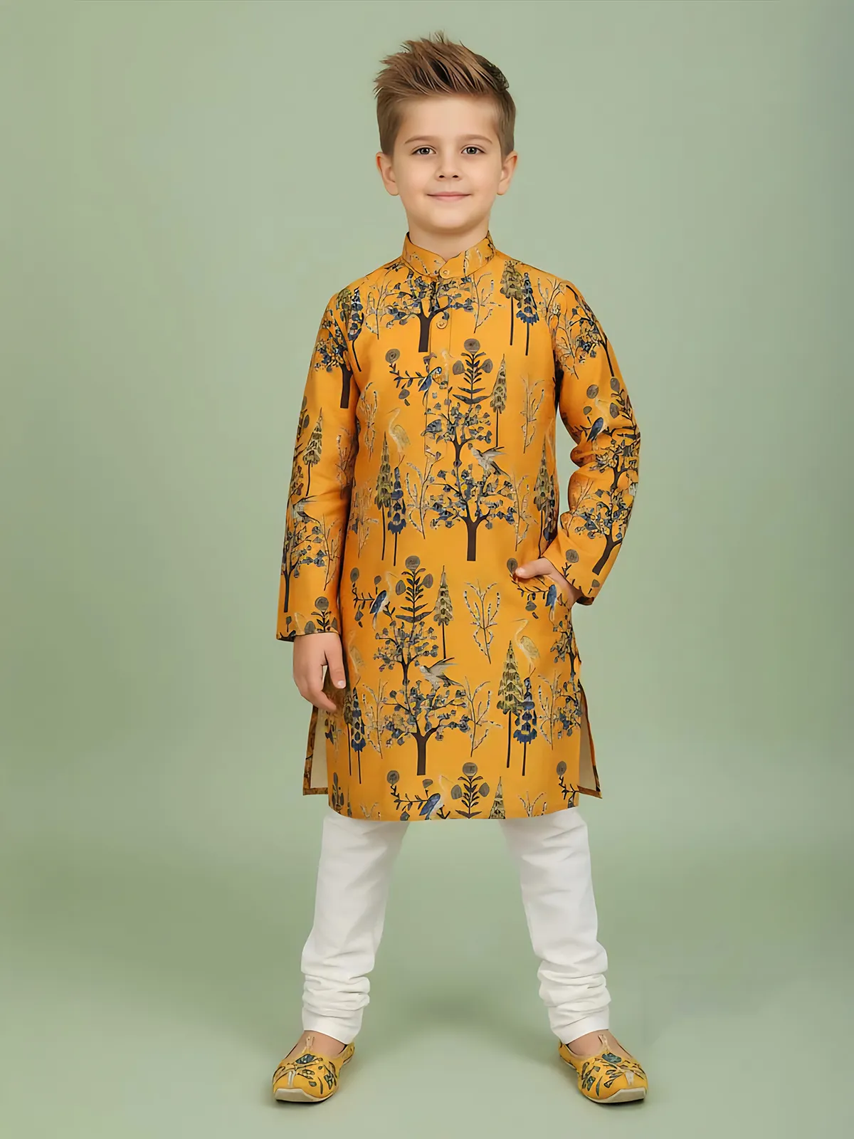 Mustard yellow cotton kurta suit with ptint