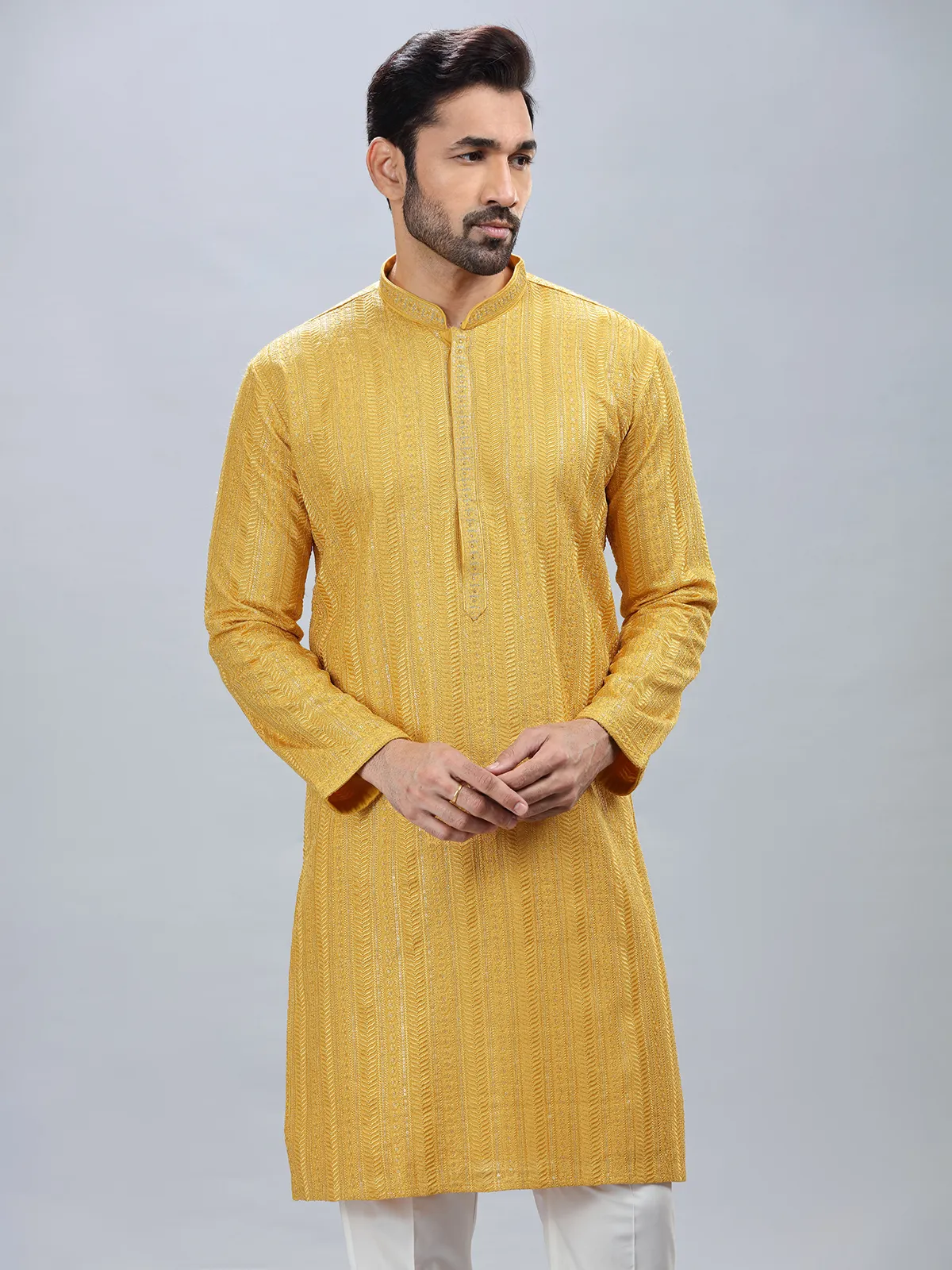 Mustard yellow kurta set for men