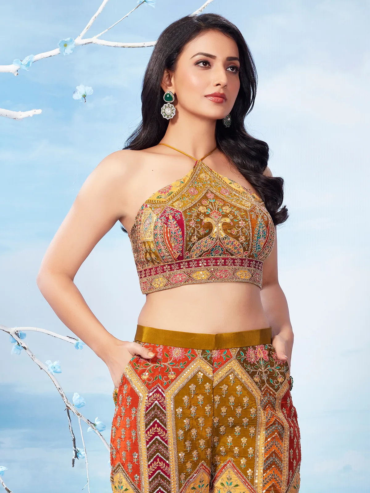 Mustard yellow silk palazzo salwar suit for party