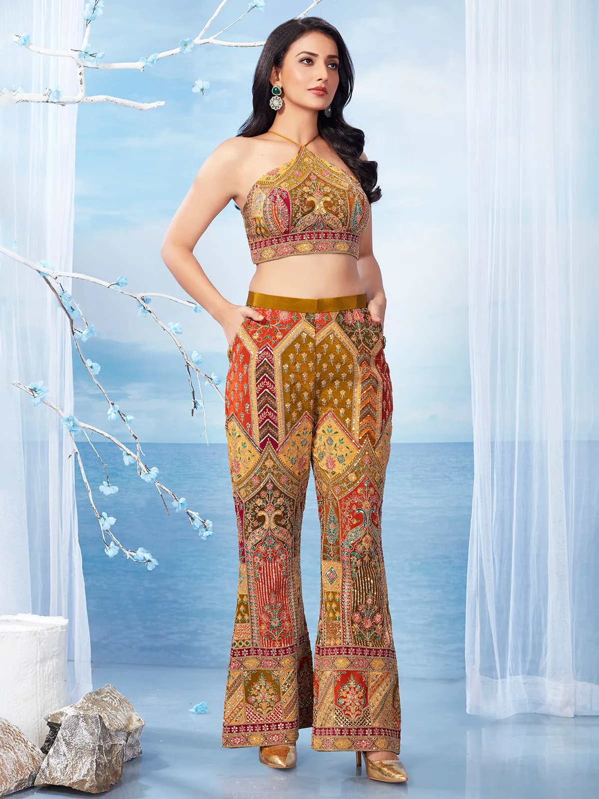 Mustard yellow silk palazzo salwar suit for party