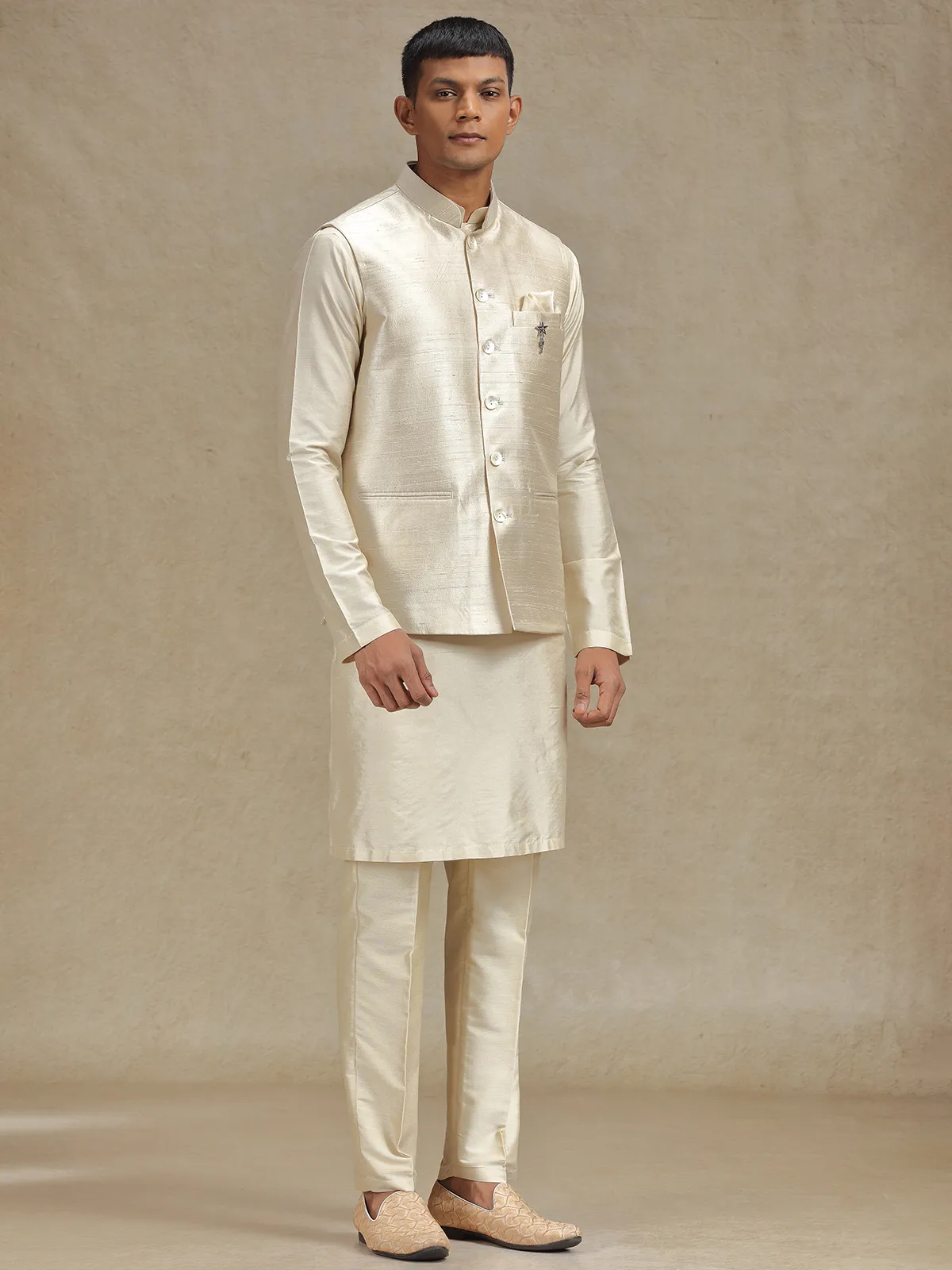 Natural beige waistcoat set with stylish embroidery