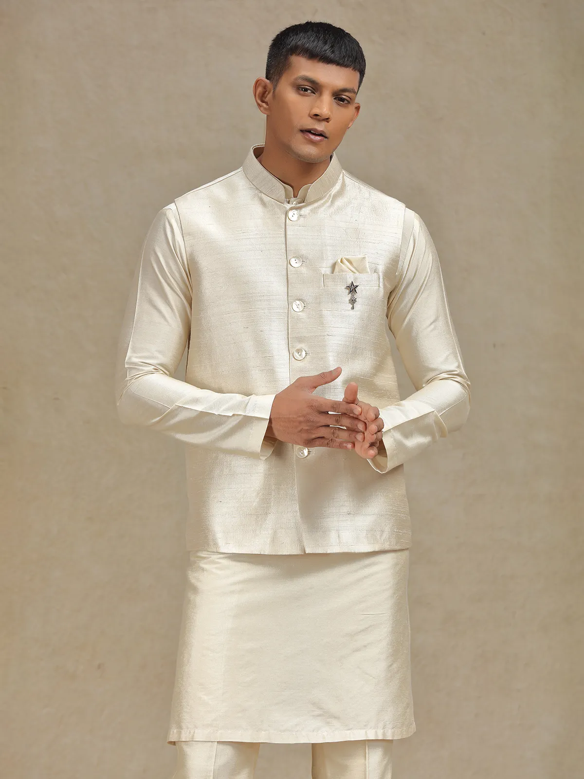 Natural beige waistcoat set with stylish embroidery