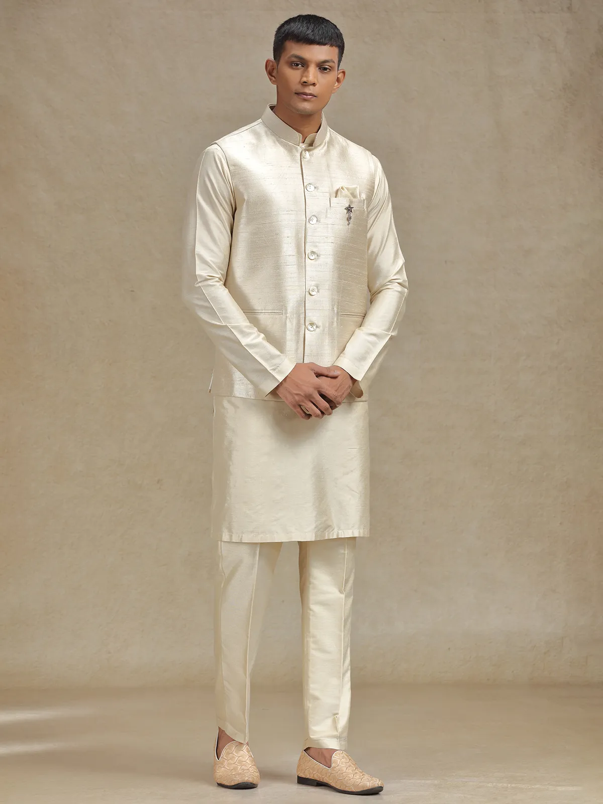 Natural beige waistcoat set with stylish embroidery
