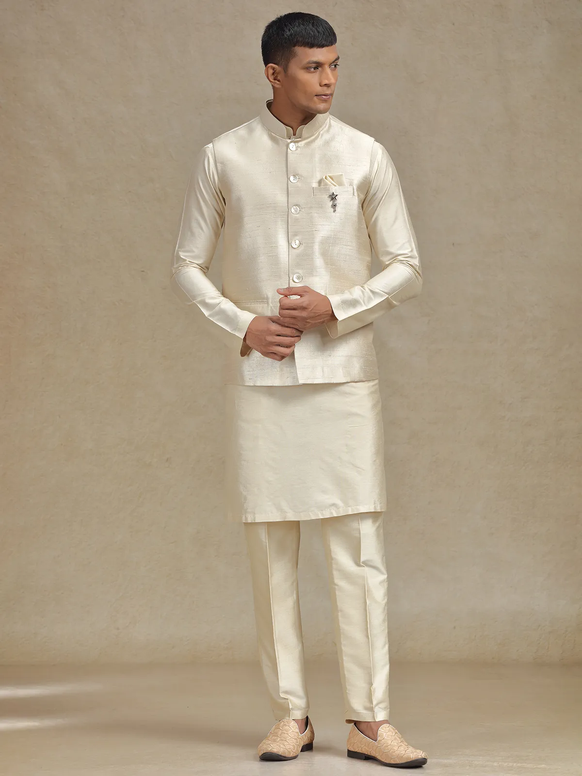 Natural beige waistcoat set with stylish embroidery