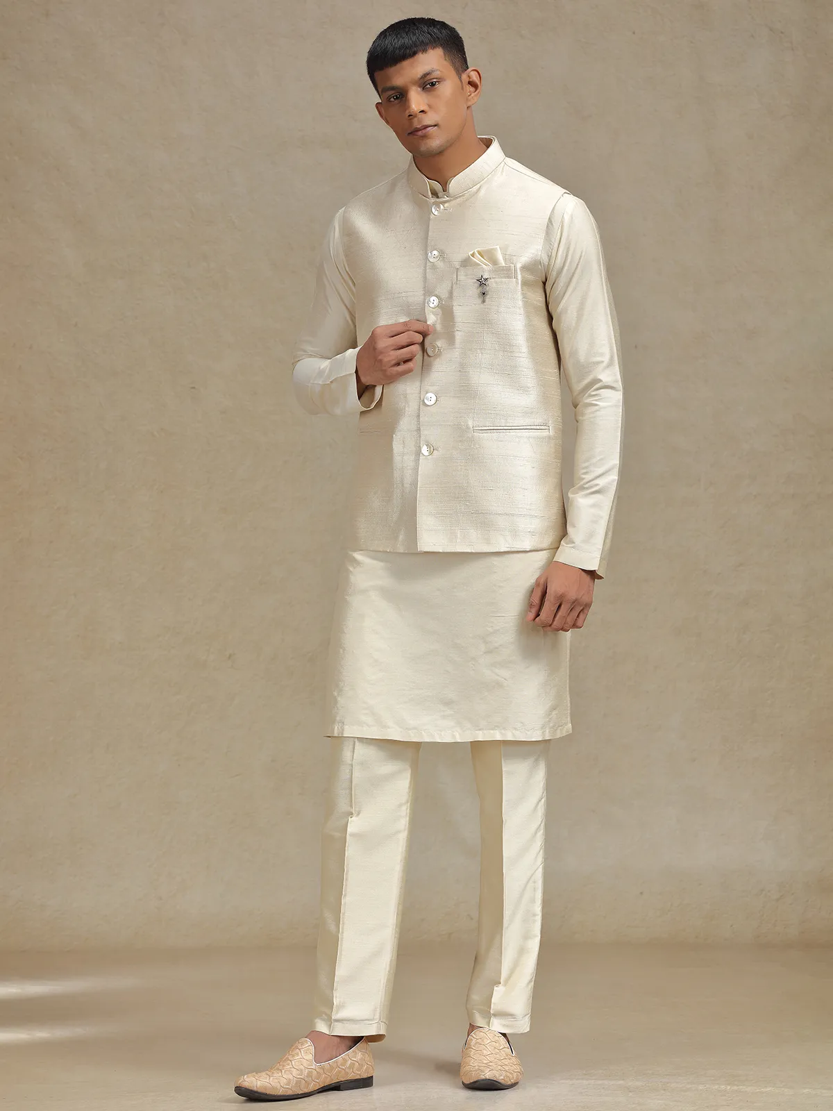 Natural beige waistcoat set with stylish embroidery
