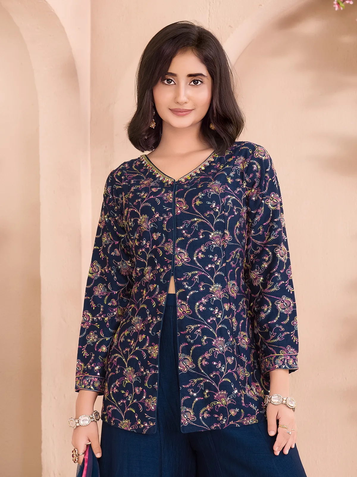 Navy cotton silk embellished palazzo salwar suit with dupatta