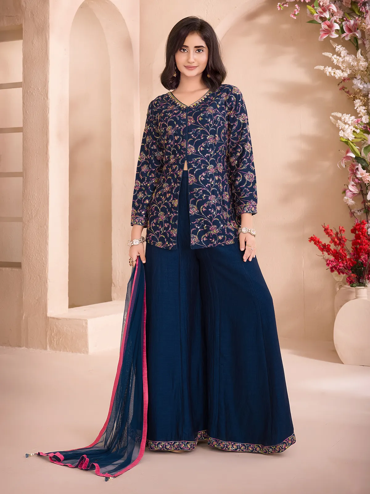 Navy cotton silk embellished palazzo salwar suit with dupatta