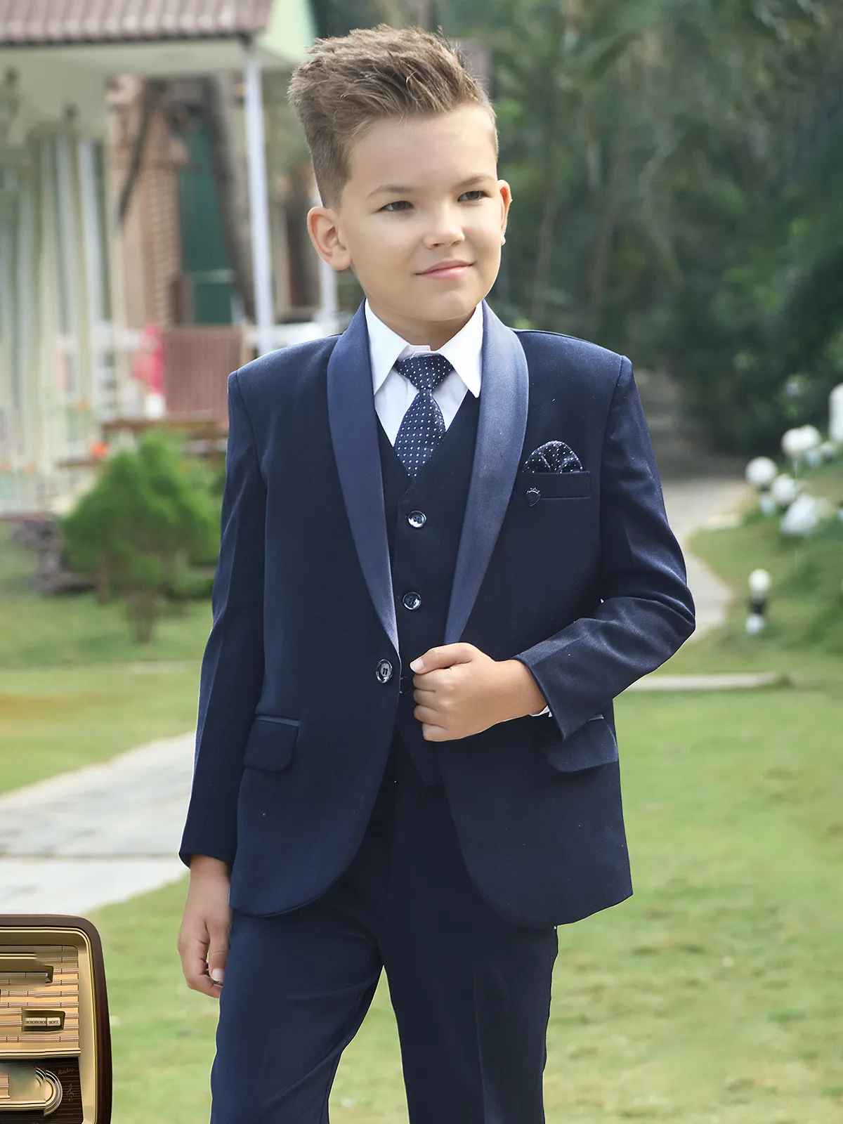 Navy terry rayon reception wear coat suit for boys