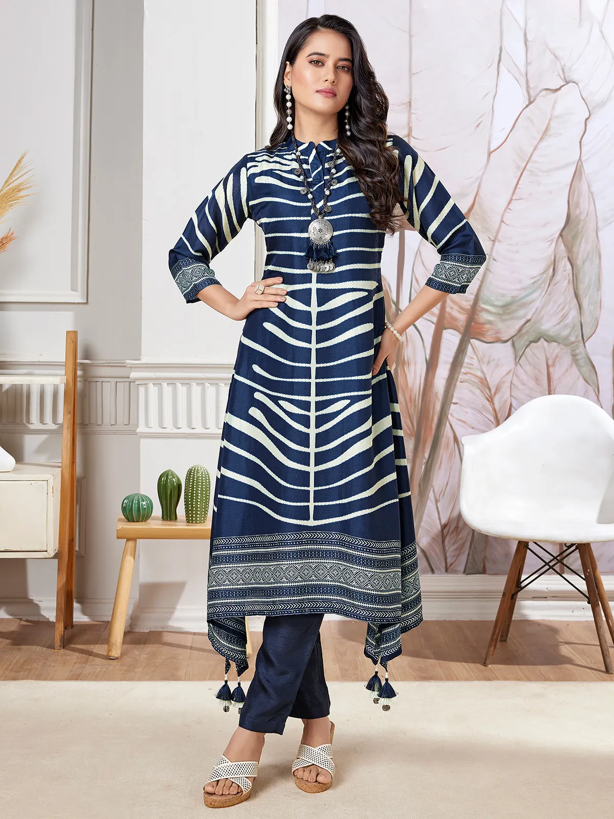 Newest blue russian silk printed kurti set