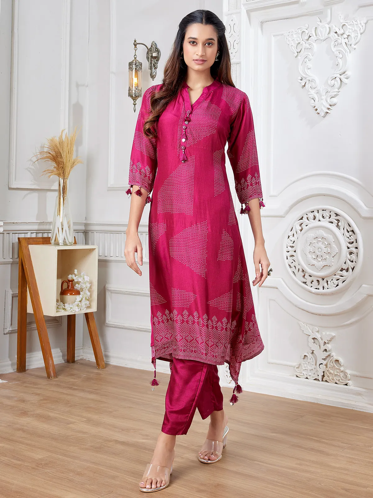 Newest wine russian silk printed kurti set