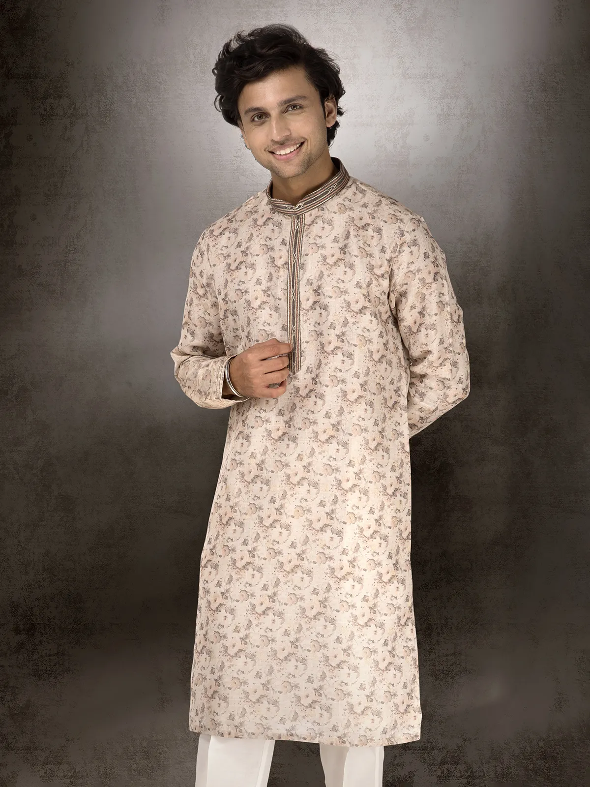 Off white chanderi silk floral printed kurta suit