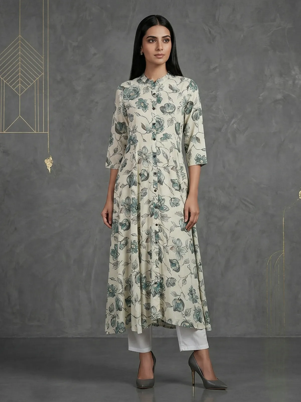 Off-white floral printed cotton silk a line kurti-G3-WKU03422 |...
