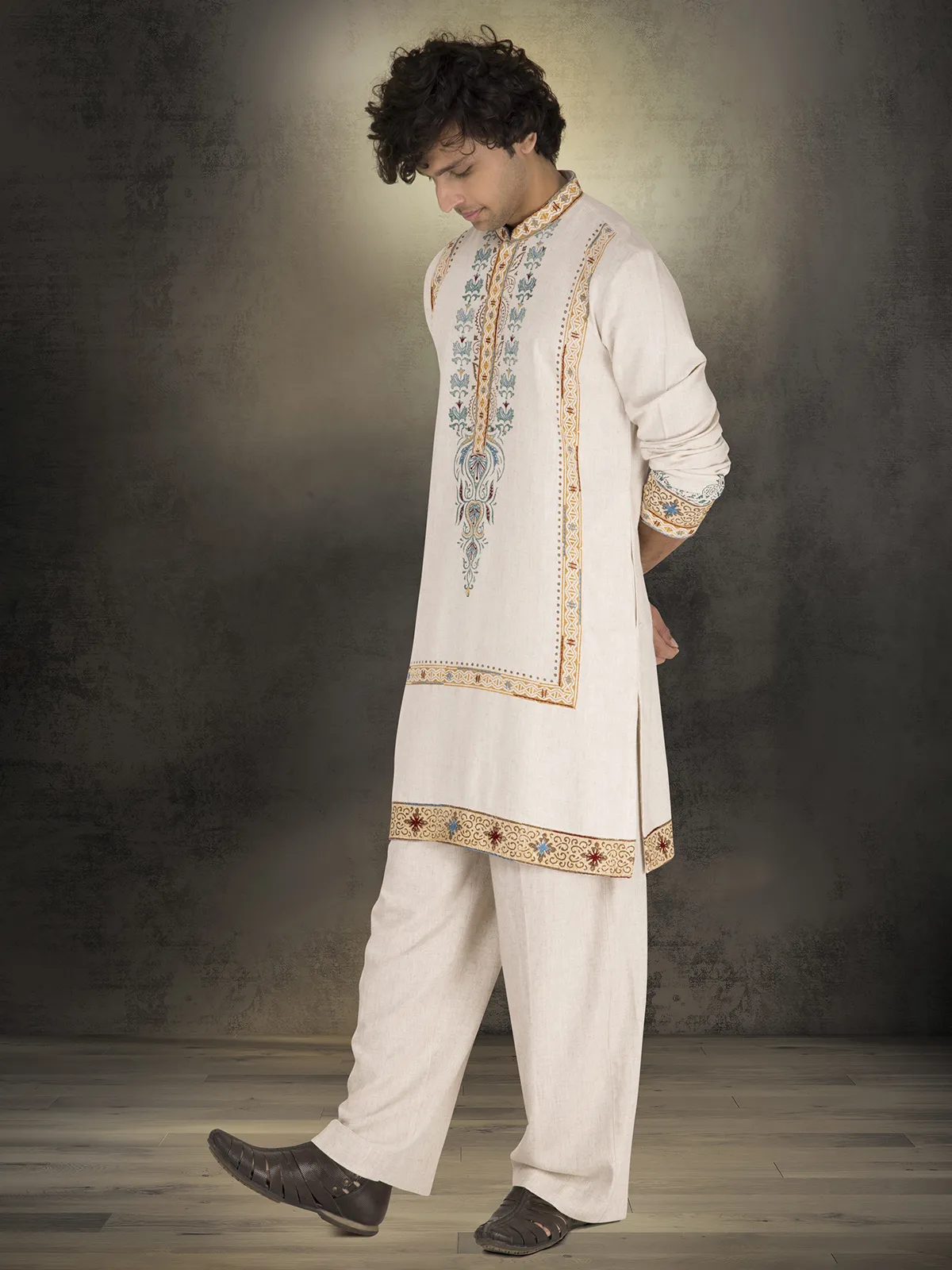 Off white linen cotton printed festive kurta suit