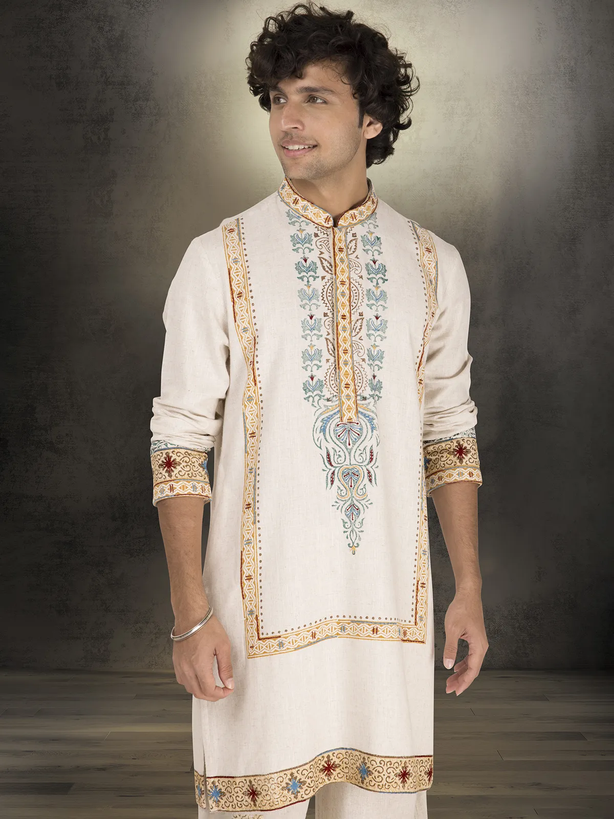 Off white linen cotton printed festive kurta suit