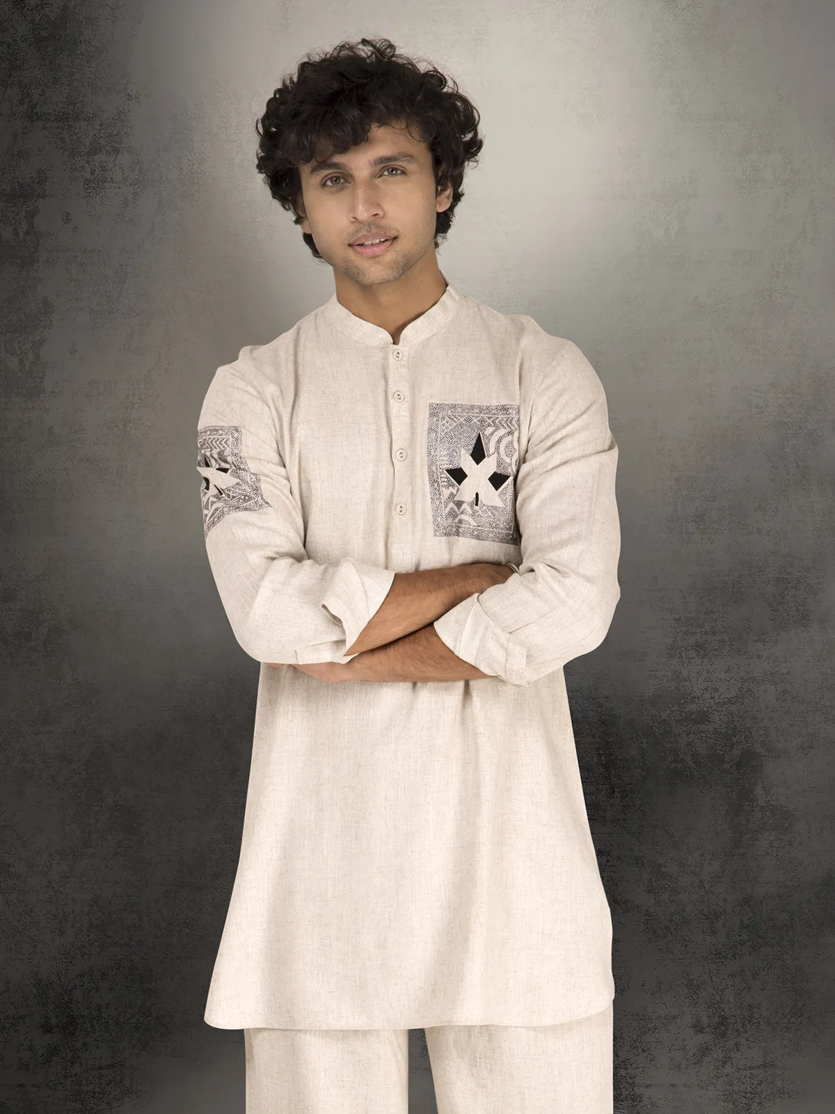 Off white linen cotton printed festive wear kurta suit