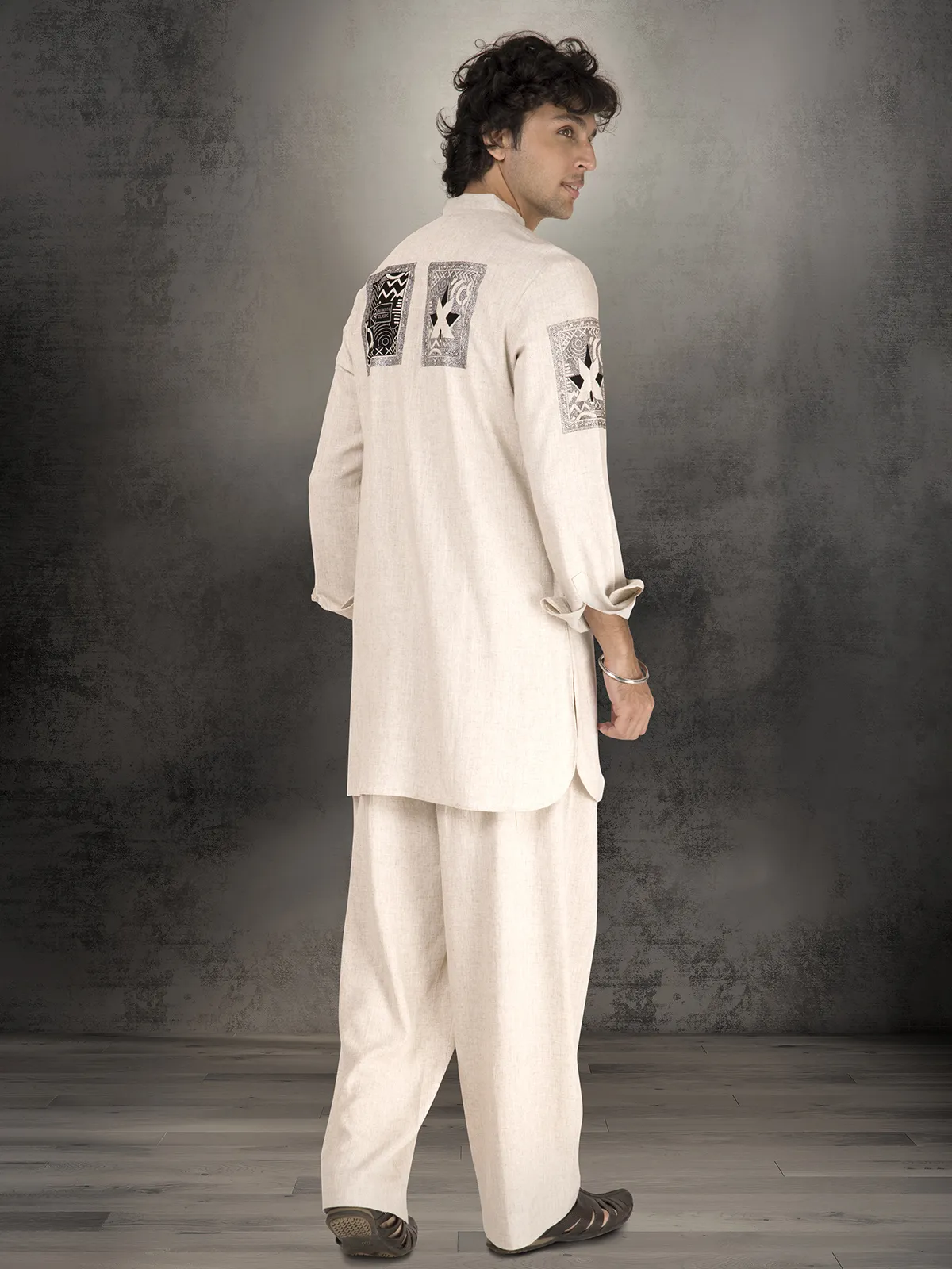 Off white linen cotton printed festive wear kurta suit