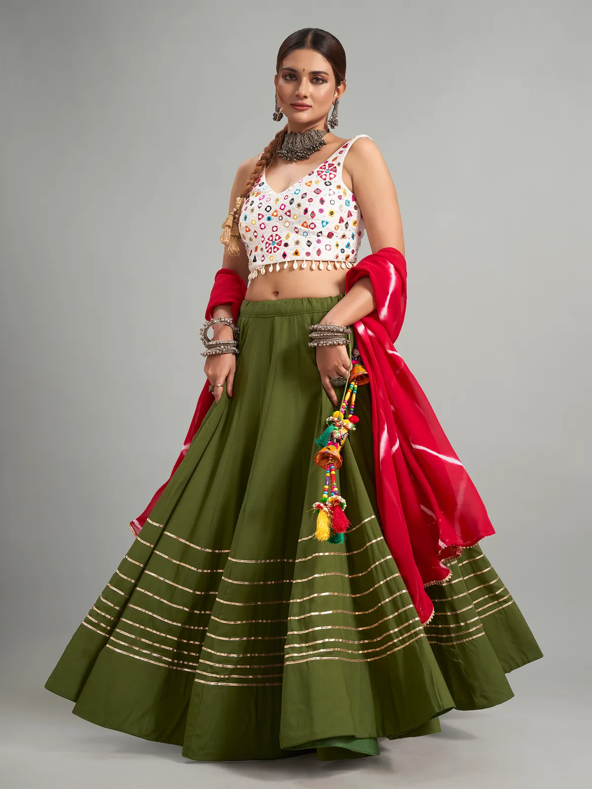 Olive lehenga choli with printed dupatta