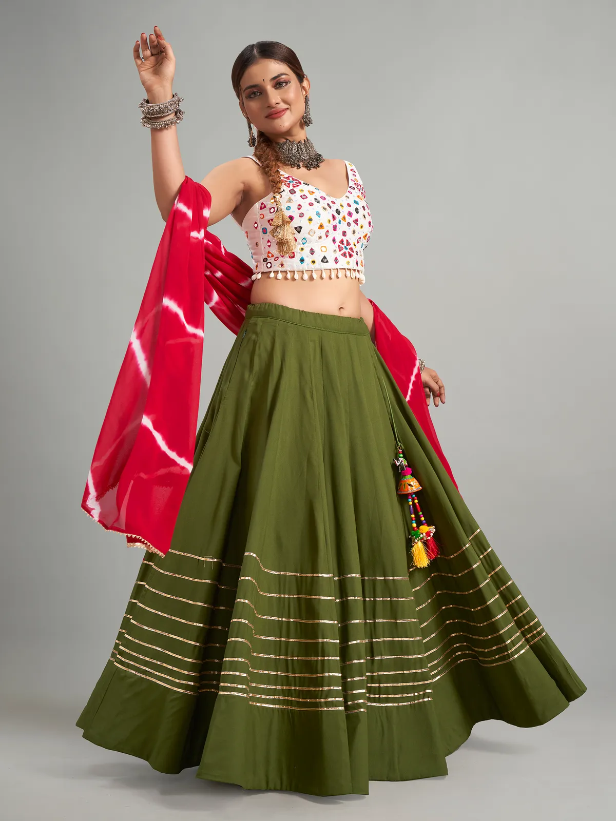 Olive lehenga choli with printed dupatta