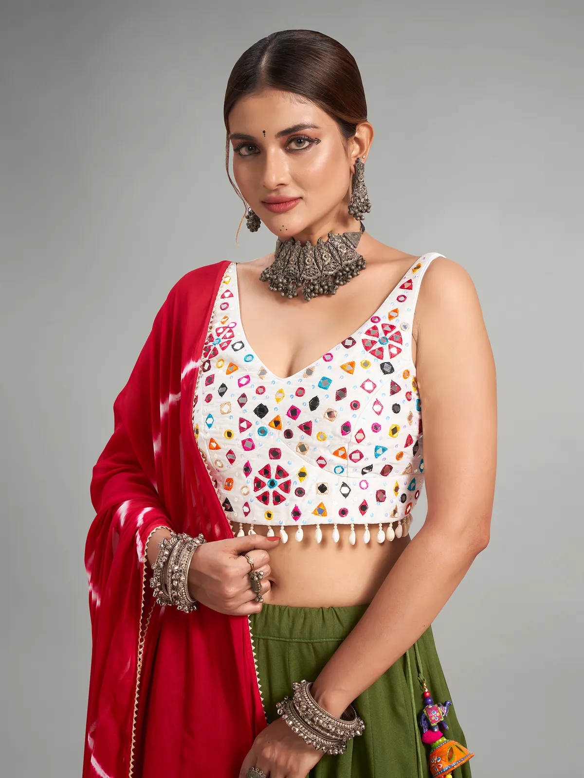 Olive lehenga choli with printed dupatta