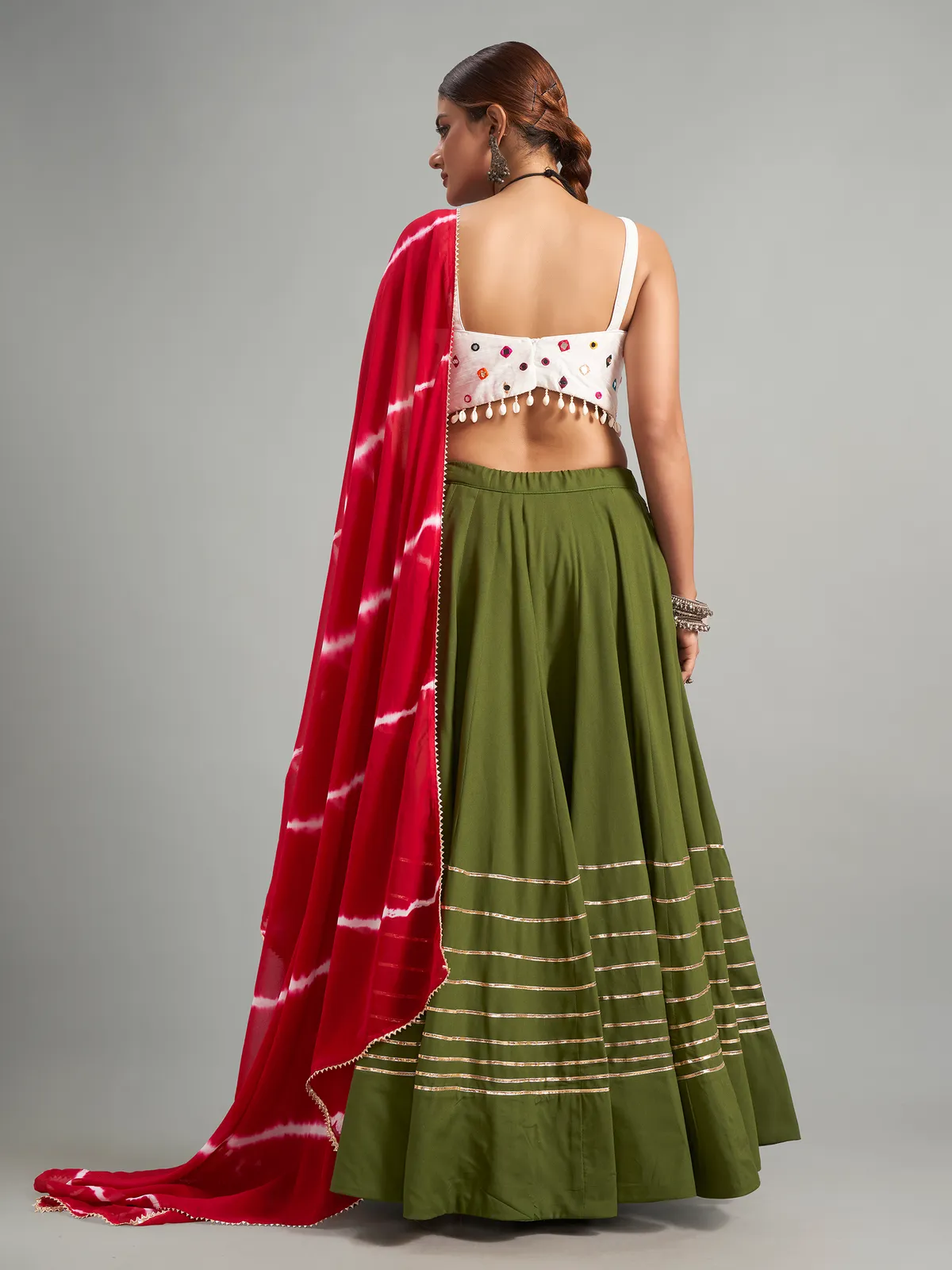 Olive lehenga choli with printed dupatta