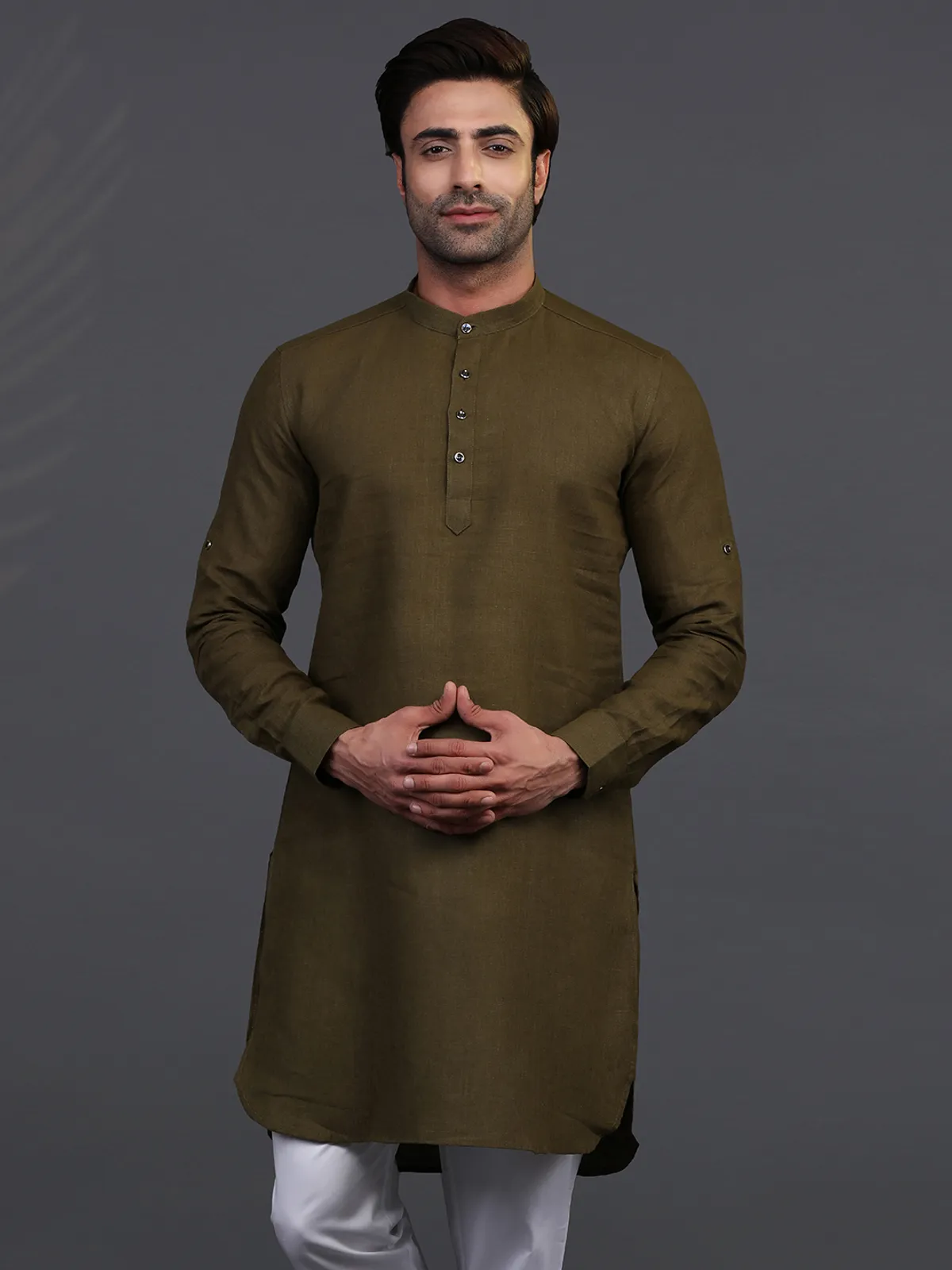 Olive linen kurta for festive days
