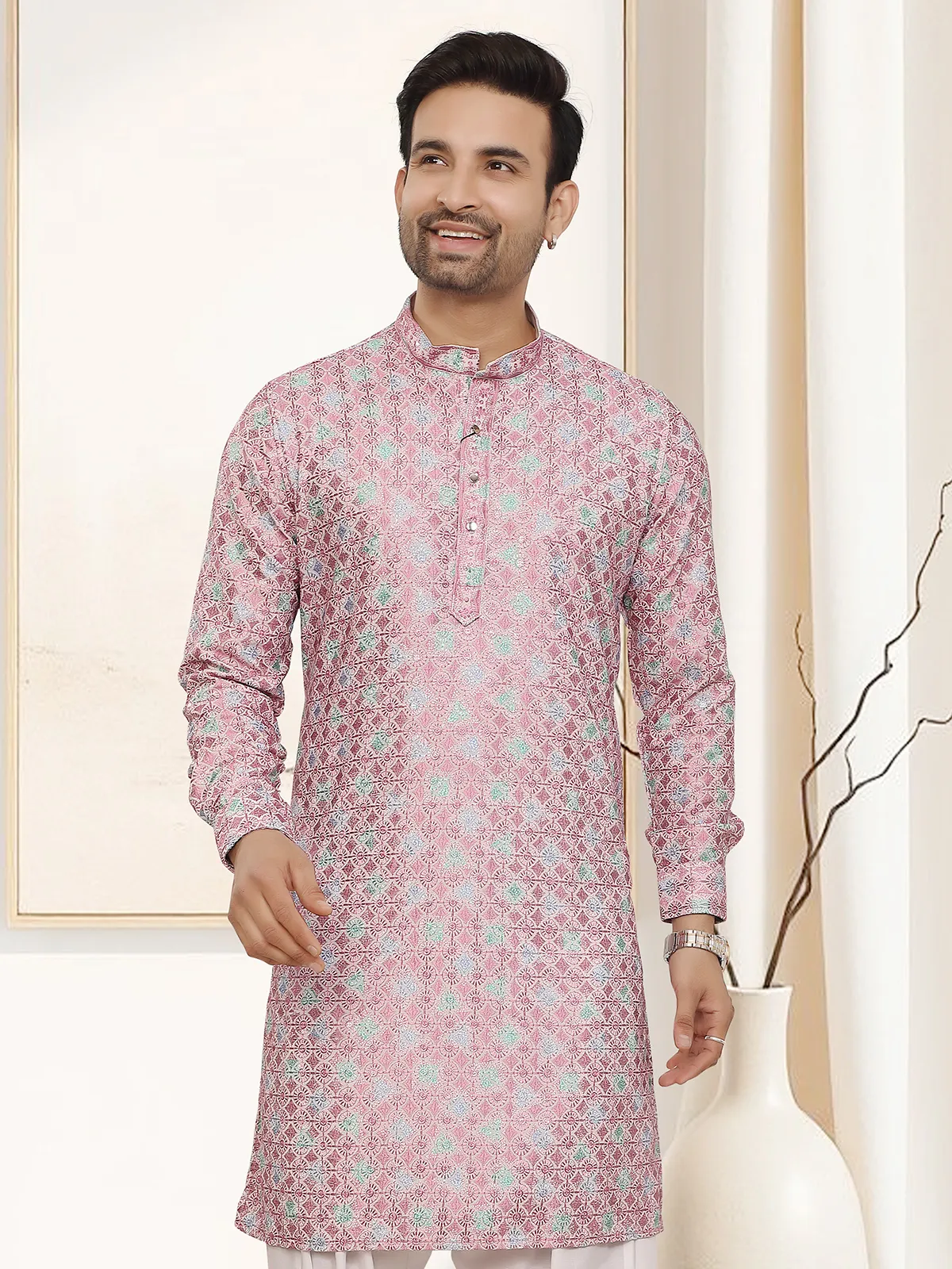 Onion pink silk kurta with embroidered festive charm