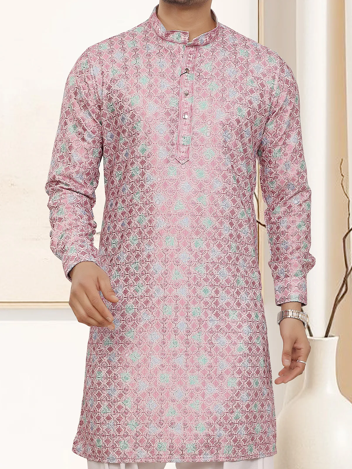 Onion pink silk kurta with embroidered festive charm