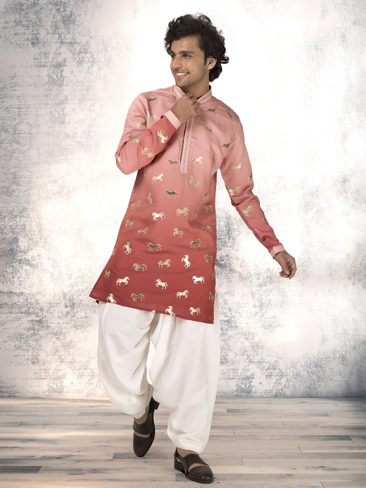 Onion pink silk resham and embroidered kurta suit