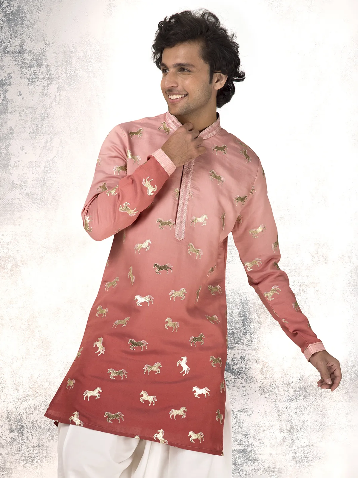 Onion pink silk resham and embroidered kurta suit