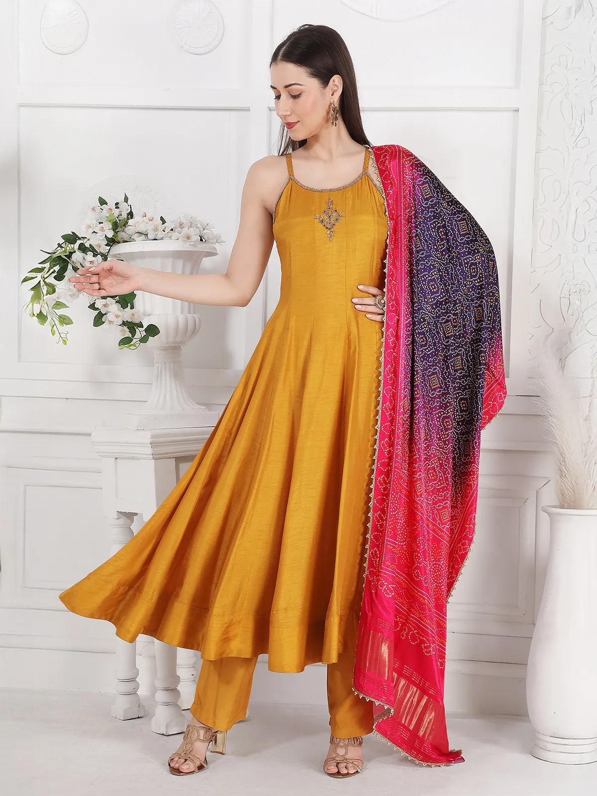 Yellow festive wear silk kurti set with printed dupatta