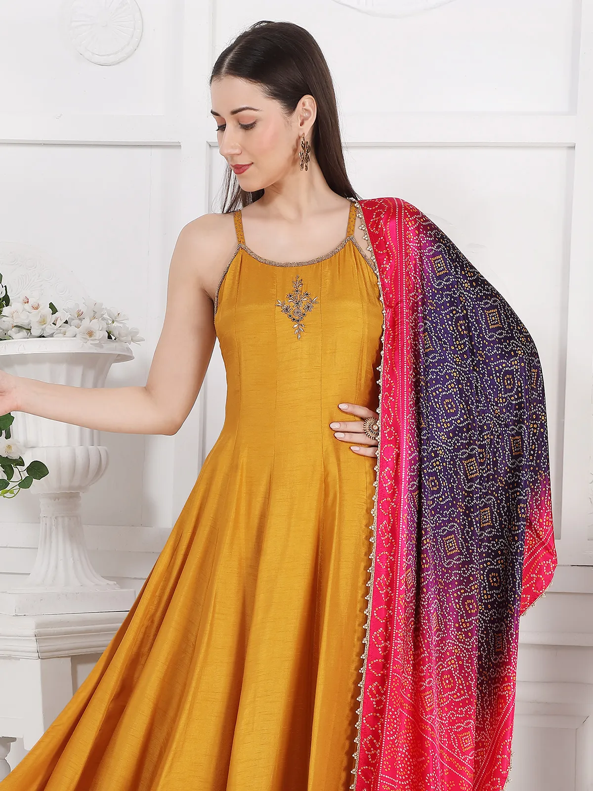 Yellow festive wear silk kurti set with printed dupatta