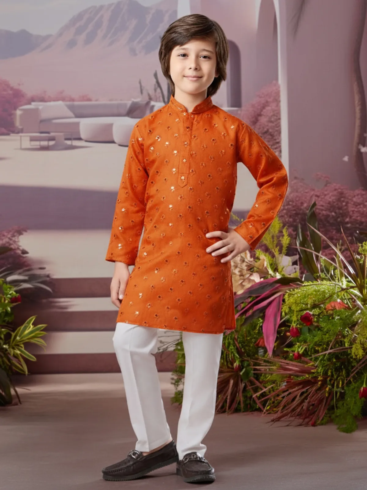 Orange silk kurta set for joyful rituals