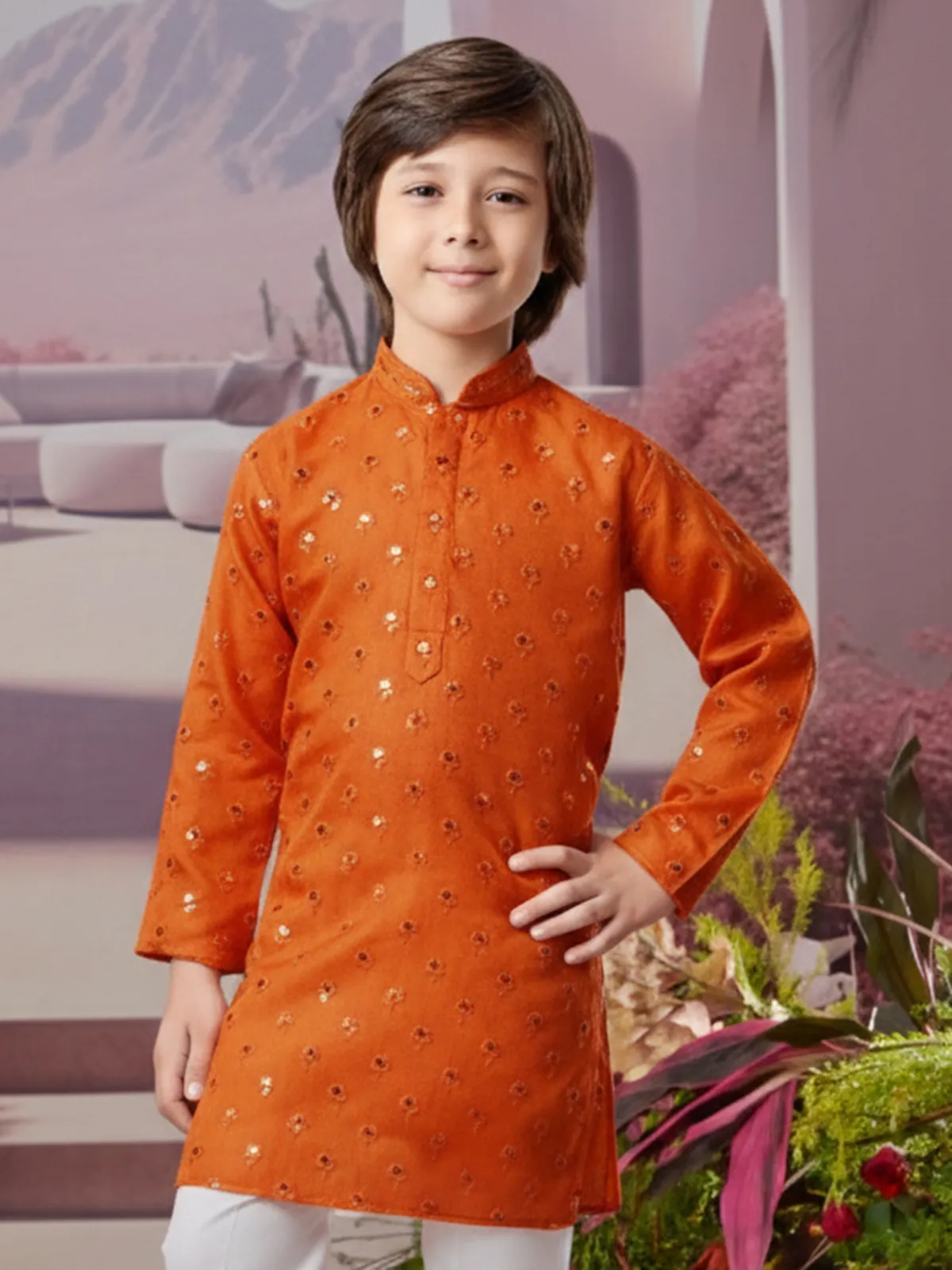 Orange silk kurta set for joyful rituals