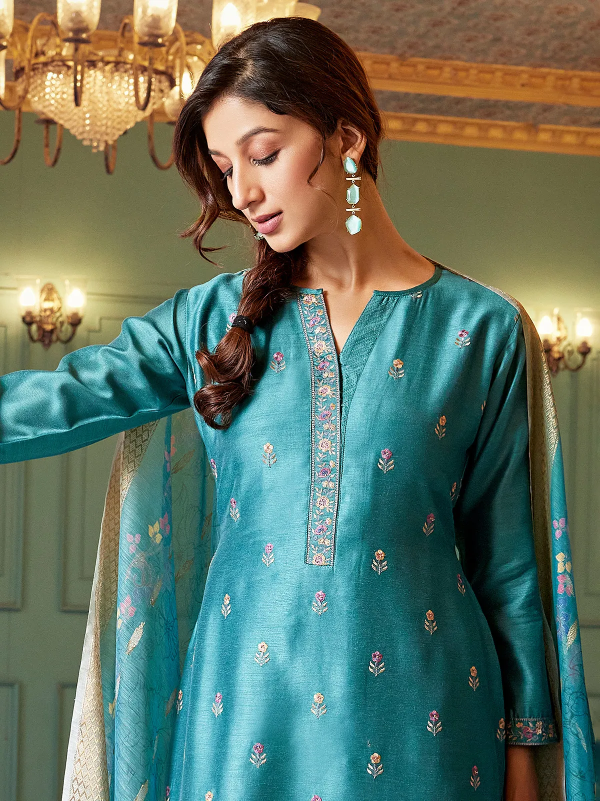 Pastel aqua silk floral embroidered festive suit-G3-WSS45568 | New...