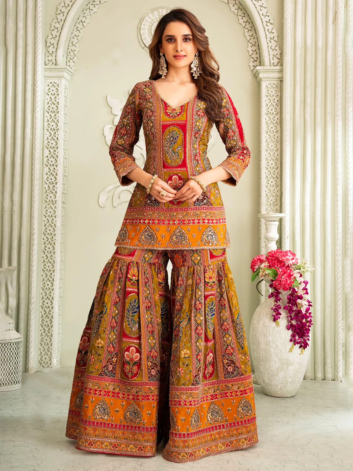 Pastel mehendi green silk sharara set with quarter sleeves