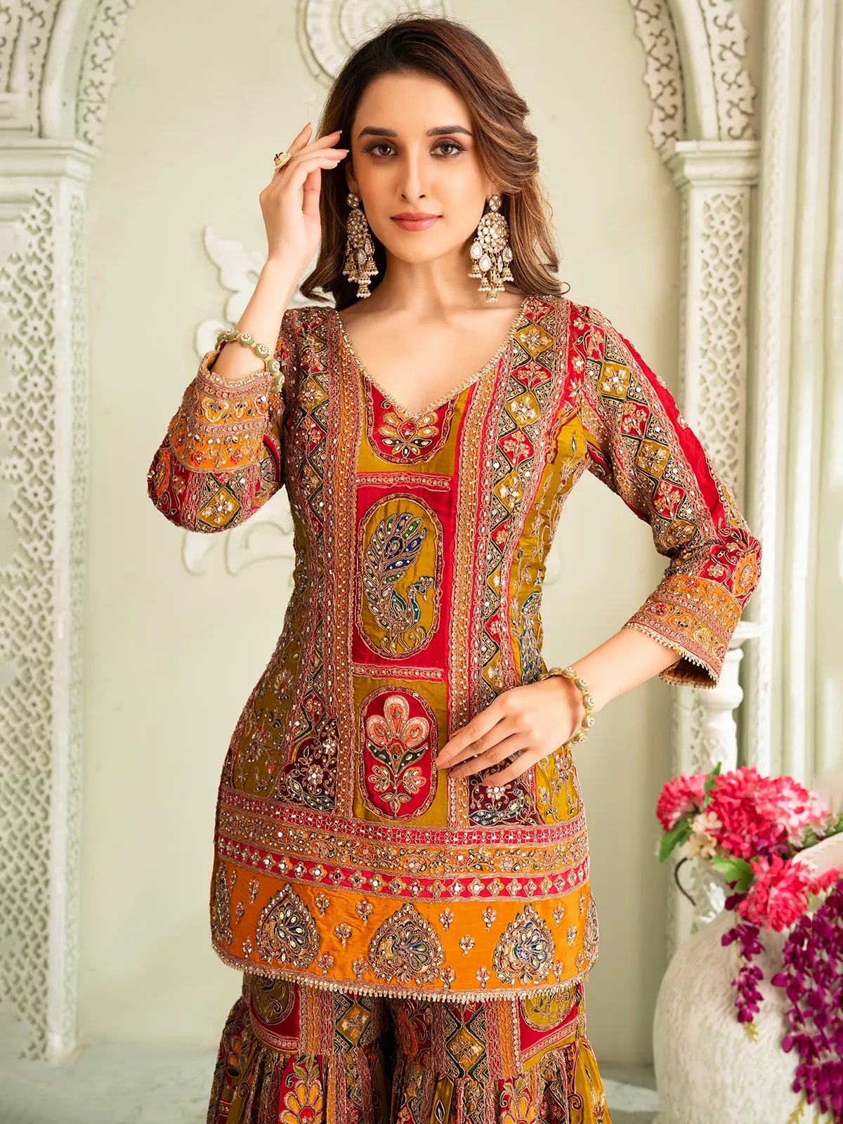 Pastel mehendi green silk sharara set with quarter sleeves