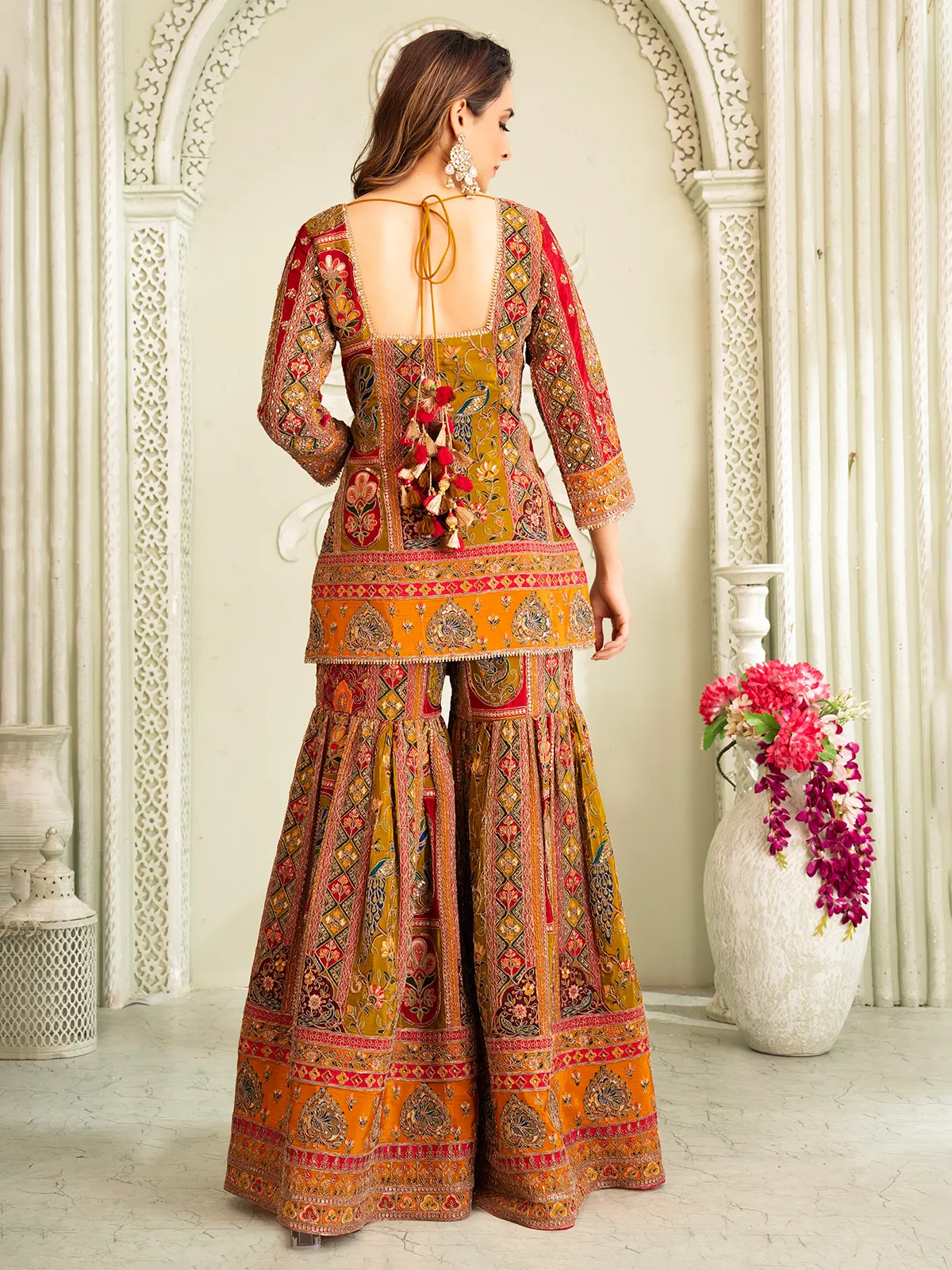 Pastel mehendi green silk sharara set with quarter sleeves