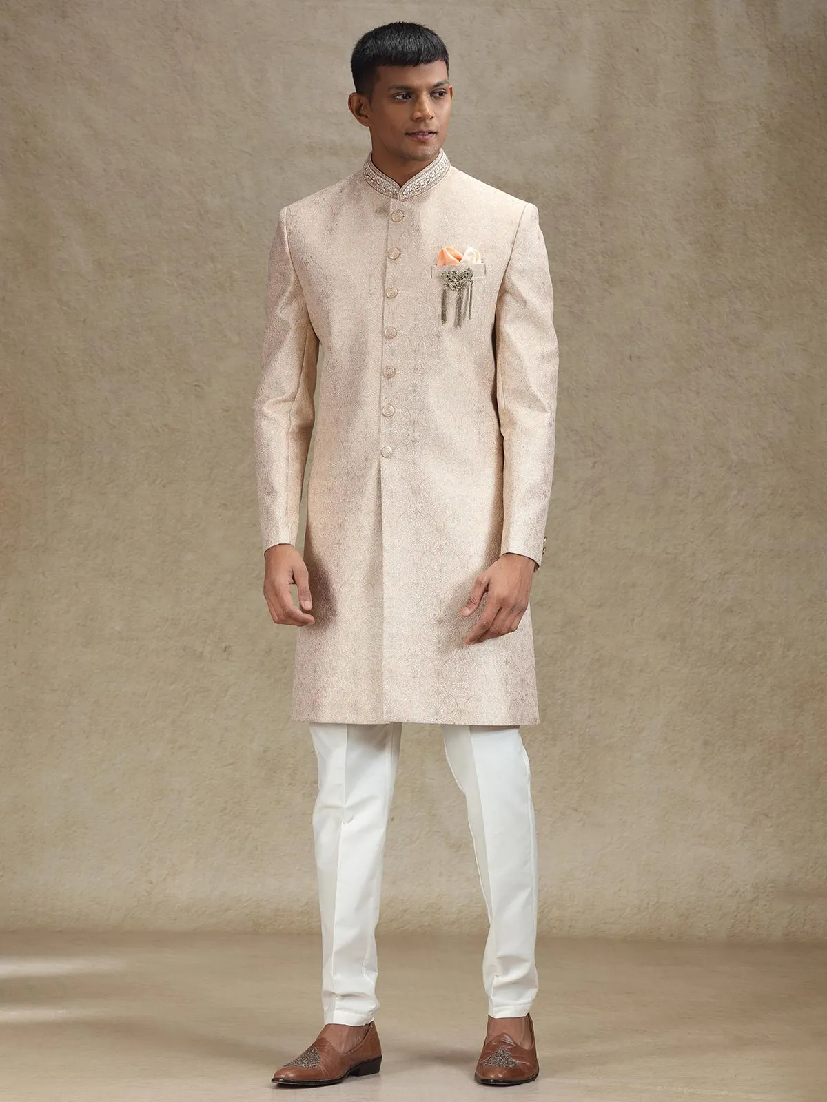 Peach indo western in zari jacquard fabric