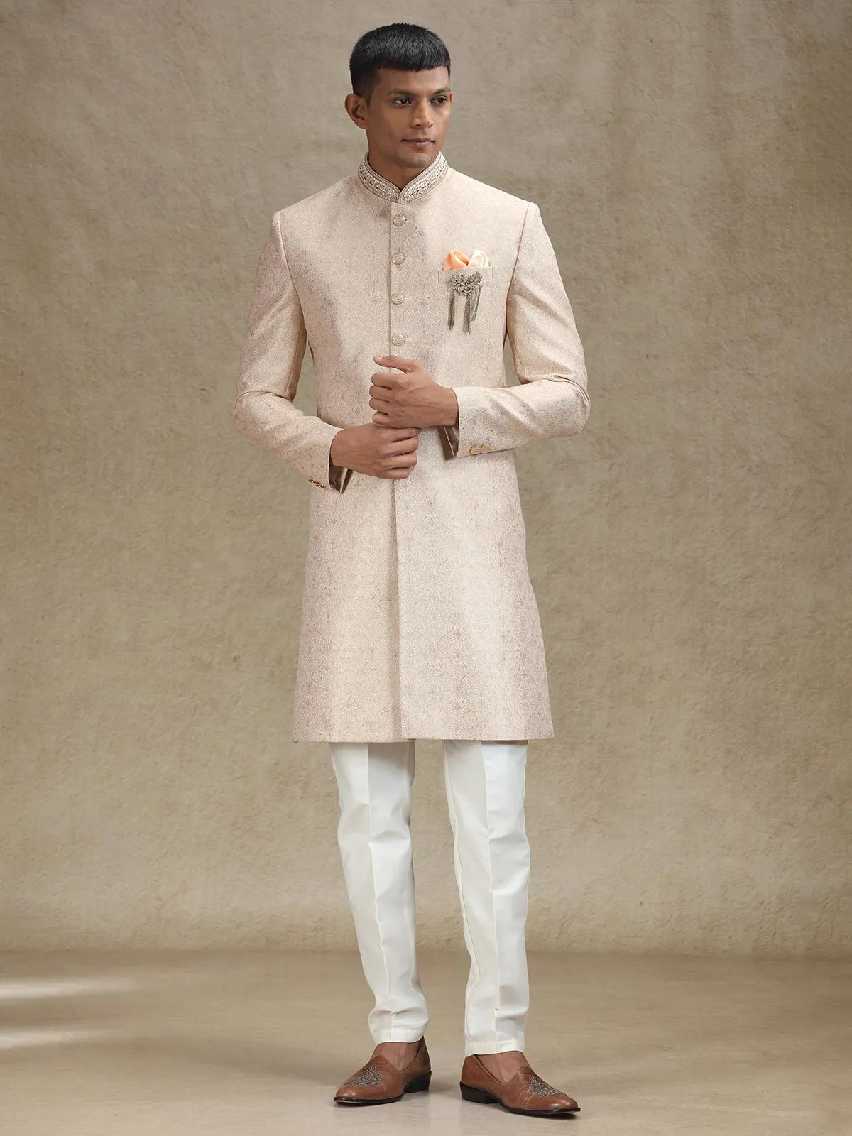 Peach indo western in zari jacquard fabric