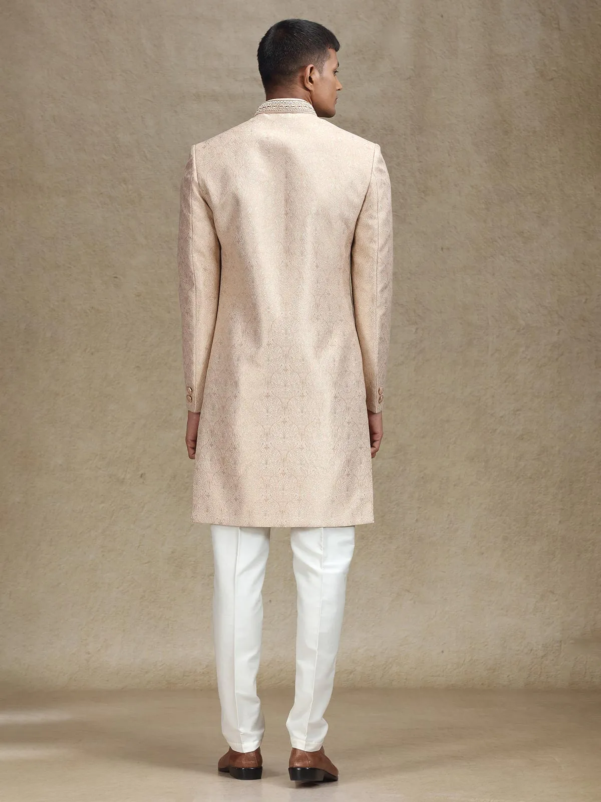 Peach indo western in zari jacquard fabric